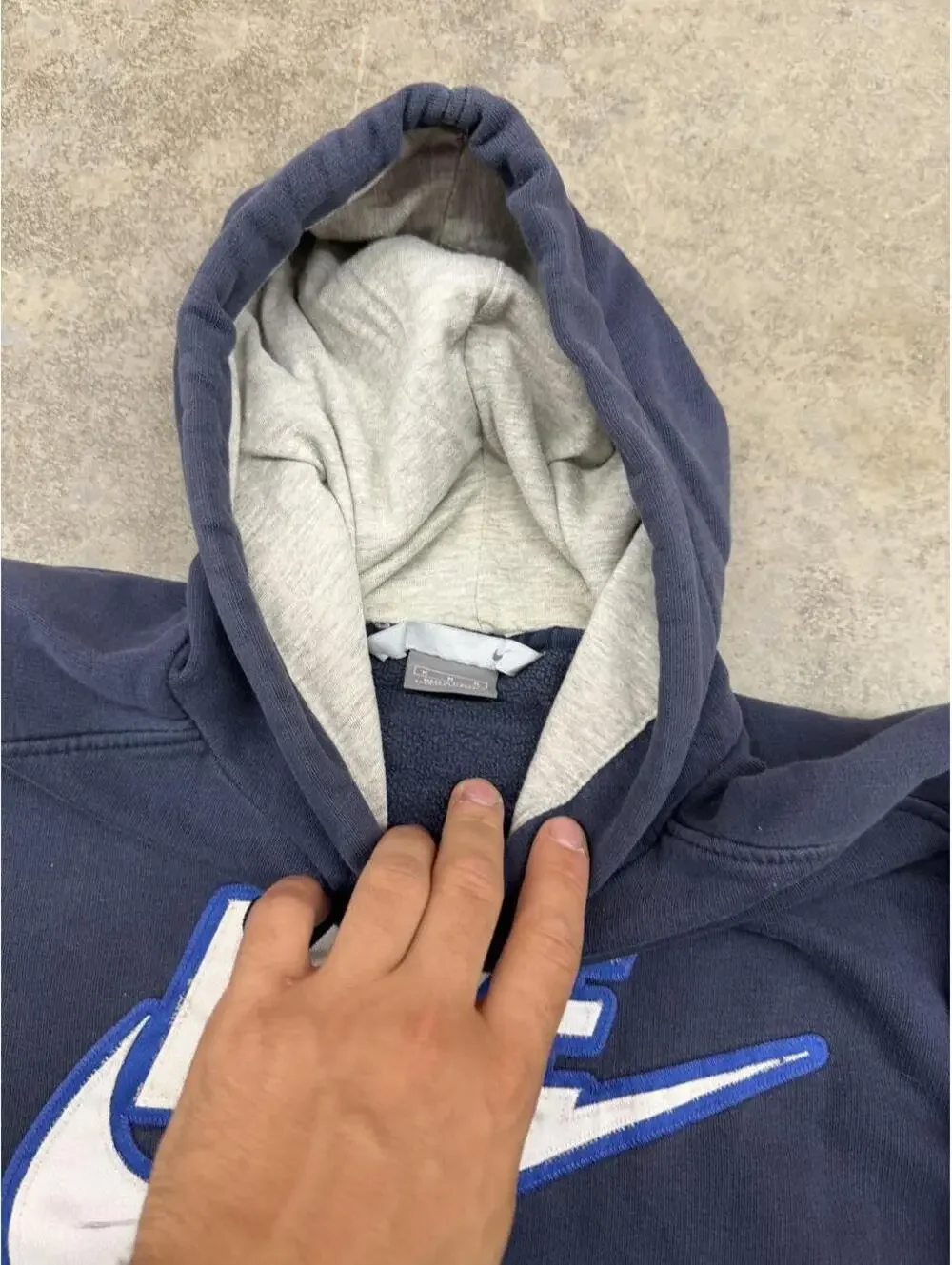 vintage nike navy big swoosh spell out hoodie size medium LOGO HAS FLAW